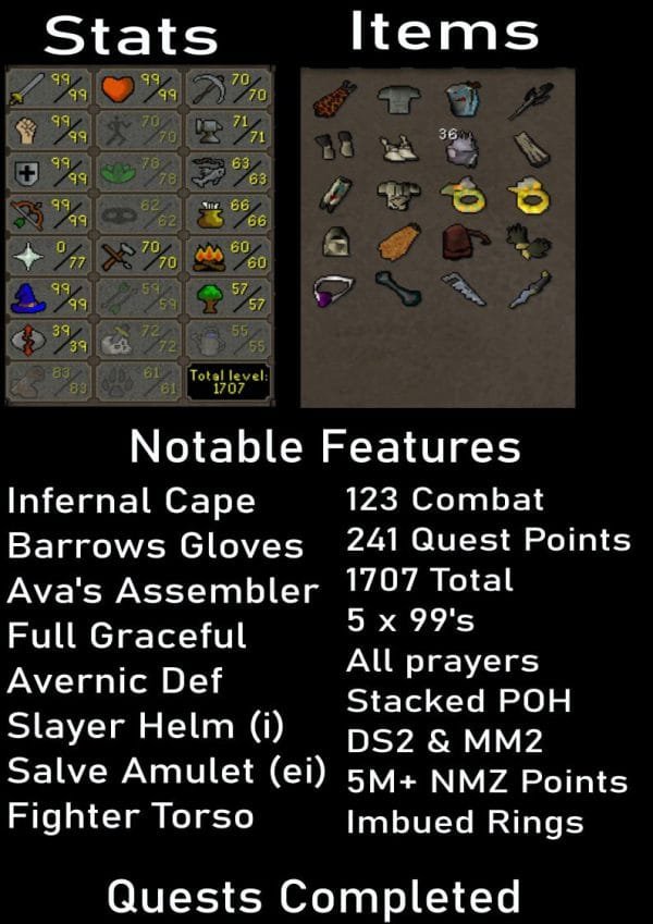 Maxed Main | Infernal Cape | 5x 99's | Barrows Gloves | DS2 & MM2 | Avernic Defender | All Prayers | 1707 Total | 241 Quest Points | Imbued Rings 7 days Seller After-sale protection - Image 1